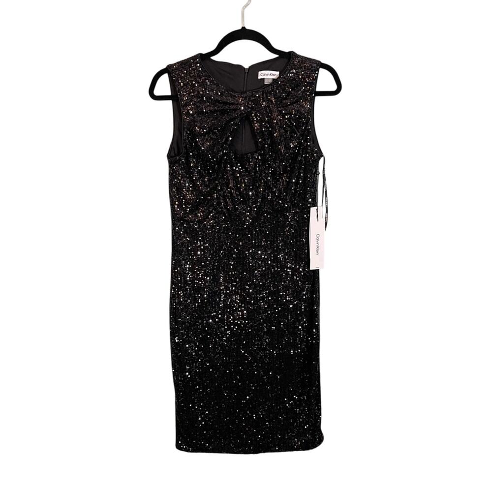 Calvin Stretch All Over Sequin Knot Detail Party Sheath Dress Black Size 8P NWT - Picture 3 of 15